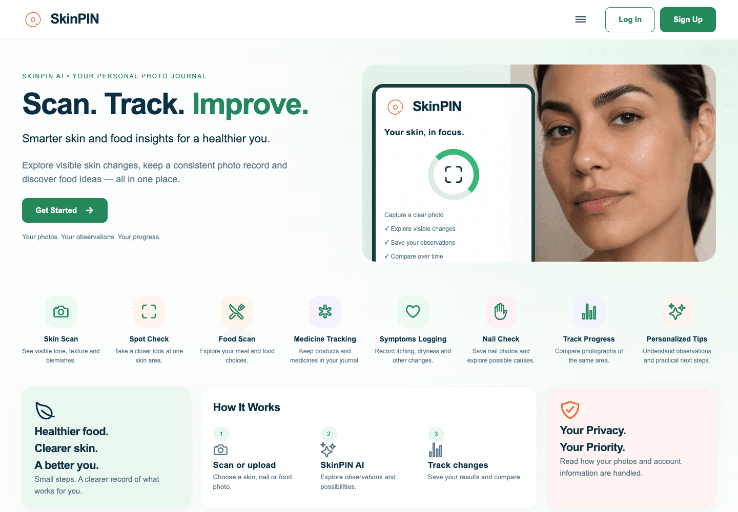 Current SkinPIN public website showing Skin Scan, Spot Check, Food Scan, and journal features