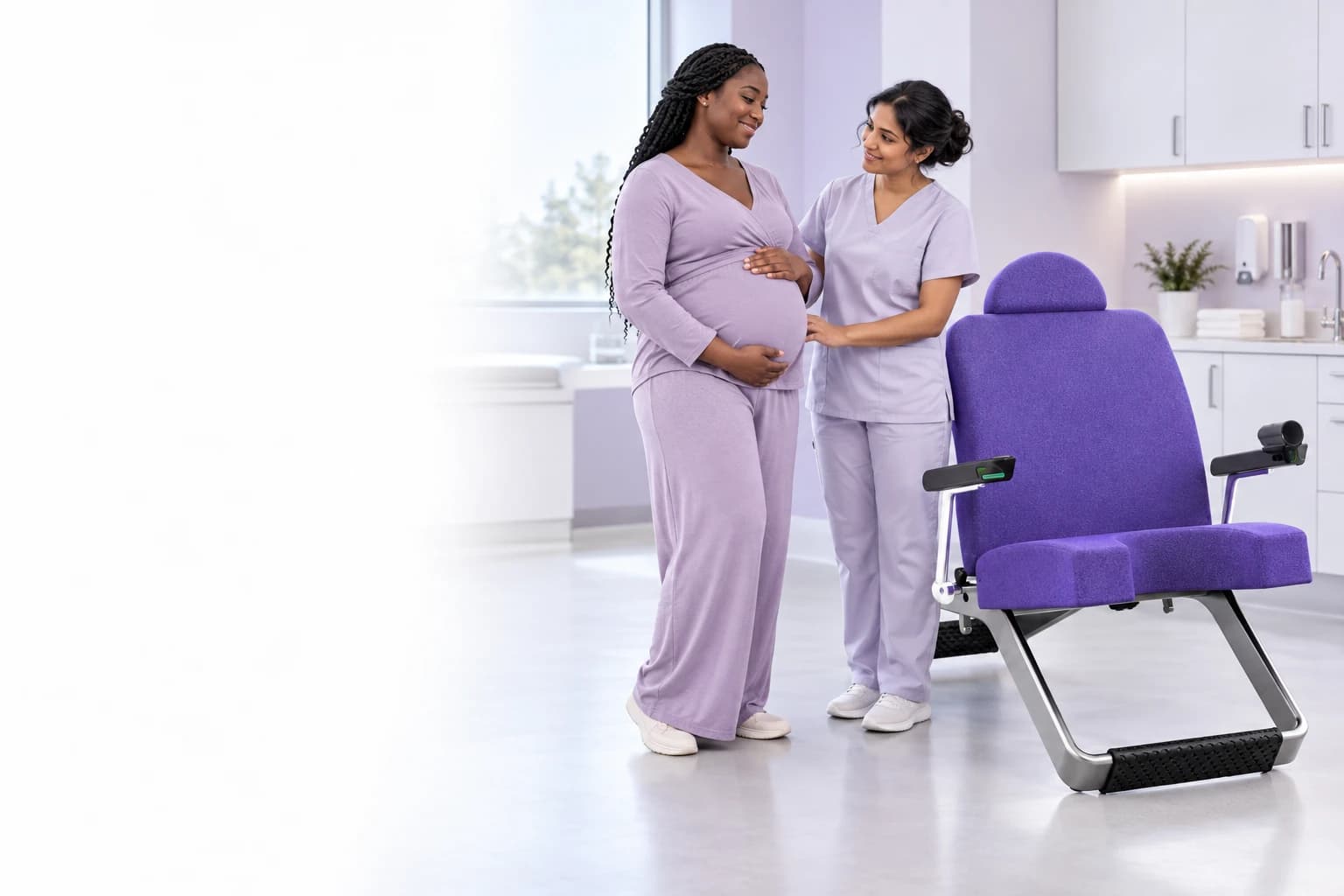 Concept maternity-care scene with the purple BirthMithra, a pregnant Black woman, and an Indian midwife