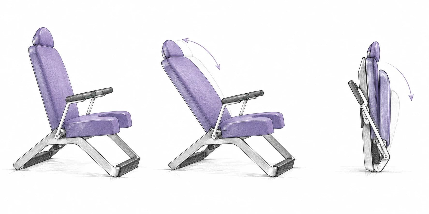 Concept sketches exploring upright birthing support, a comfort position, and a folded transport position