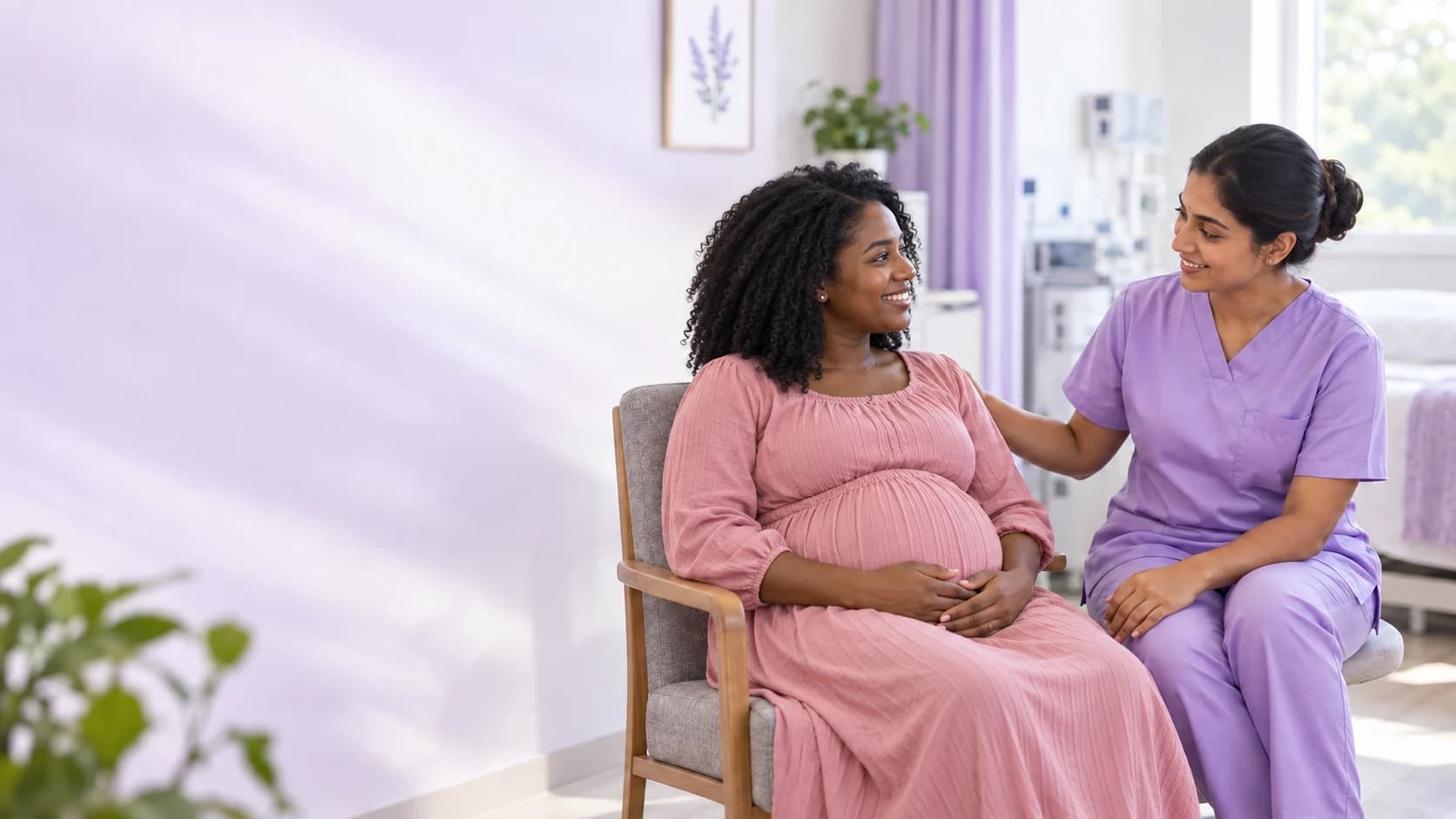 Visibly pregnant Black woman speaking with an Indian maternity nurse