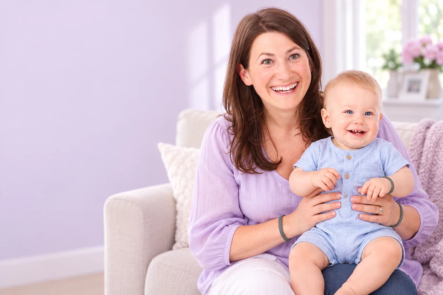 Smiling mother holding her blond baby boy, both wearing slim connected bracelets