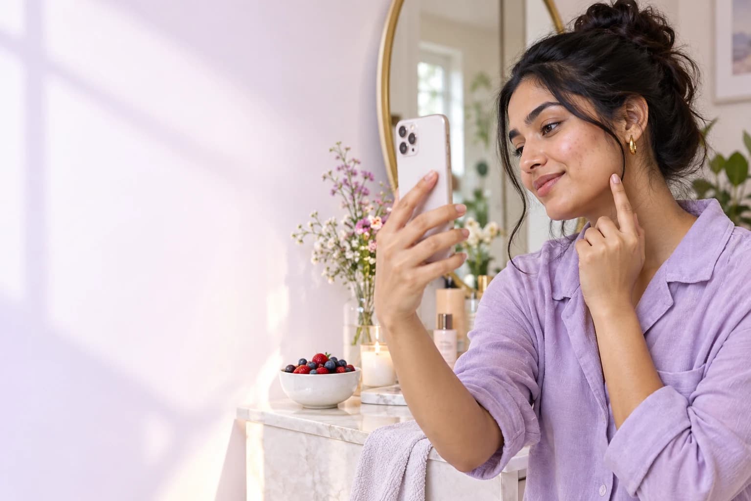 Indian woman using her phone to document visible skin changes